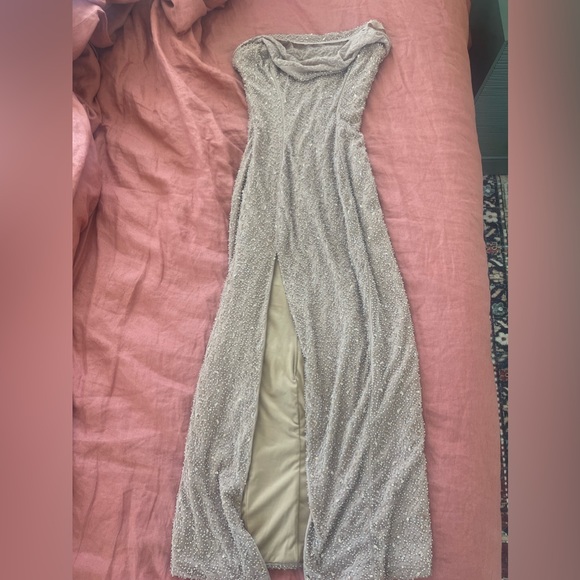 Oh Polly Verbier Embellished Bandeau Cowl Neck Midi Dress in Nude - Picture 7 of 12